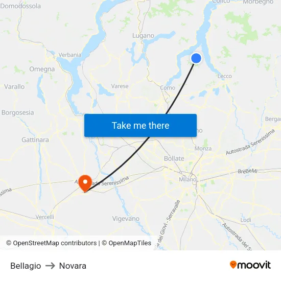 Bellagio to Novara map