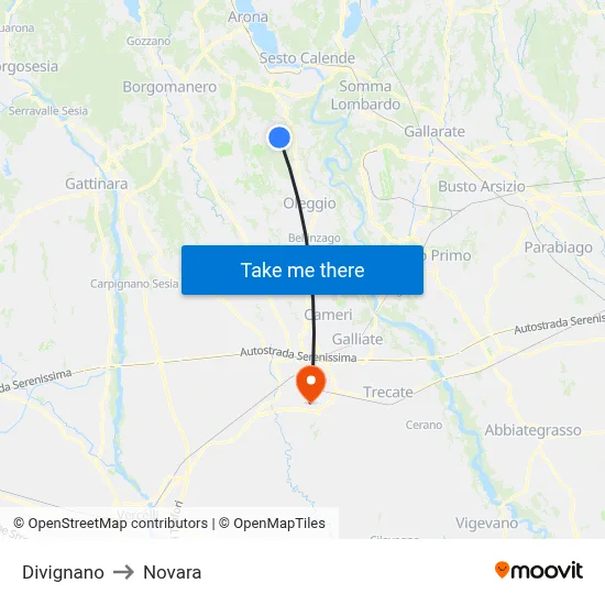Divignano to Novara map