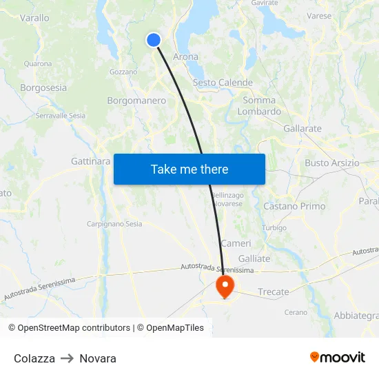 Colazza to Novara map