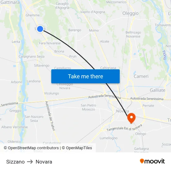Sizzano to Novara map