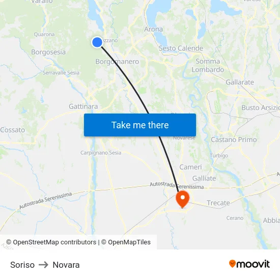 Soriso to Novara map