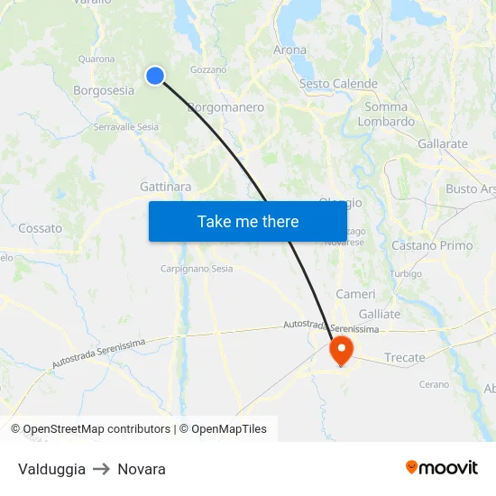 Valduggia to Novara map