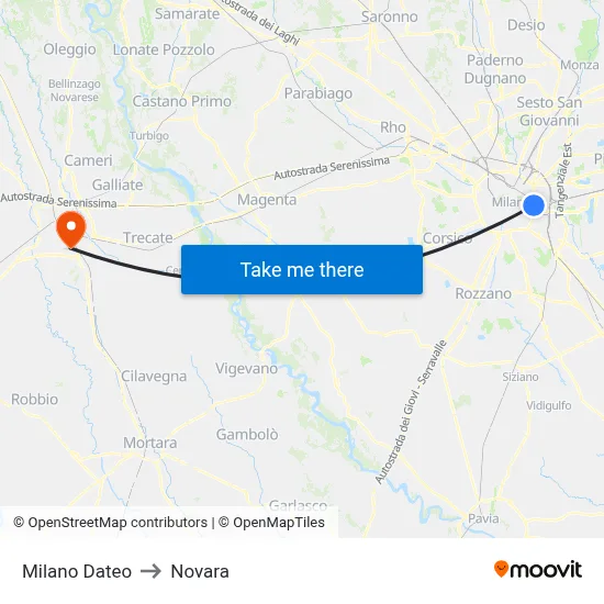 Milan Dateo to Novara map