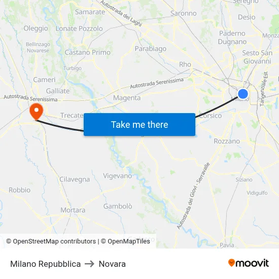 Milan Repubblica to Novara map