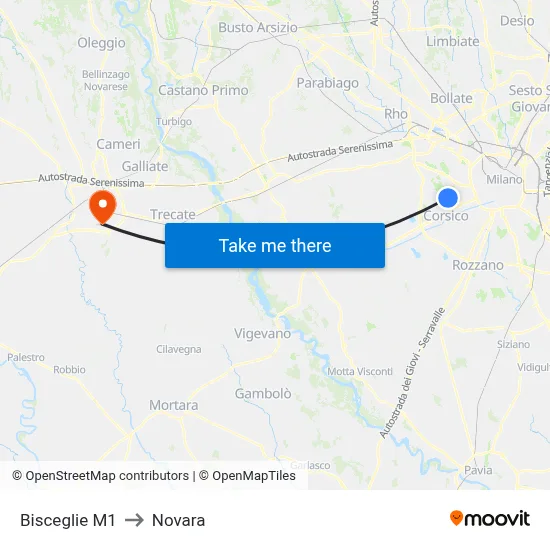 Bisceglie M1 to Novara map