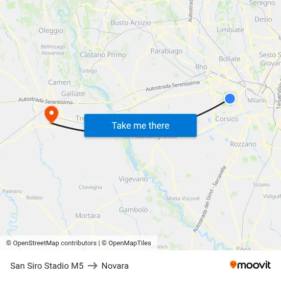 San Siro Stadio M5 to Novara map