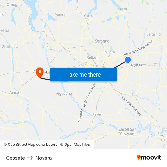 Gessate to Novara map
