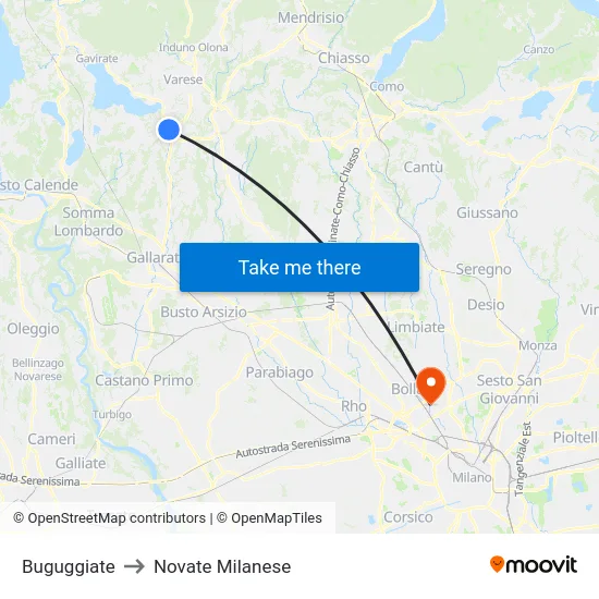 Buguggiate to Novate Milanese map