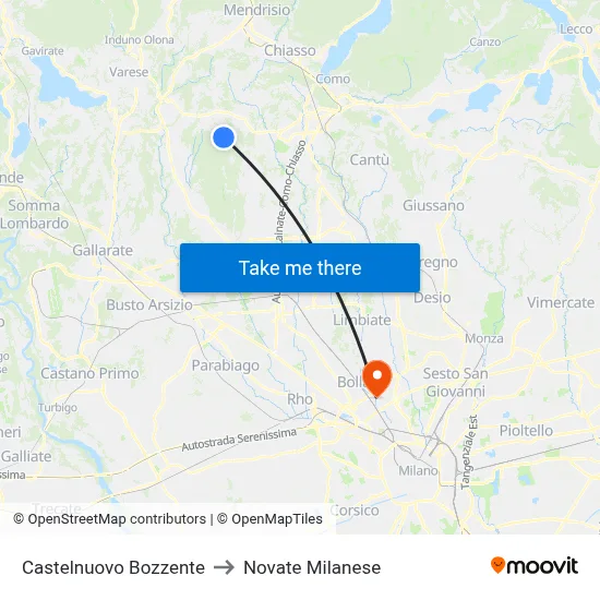 Castelnuovo Bozzente to Novate Milanese map