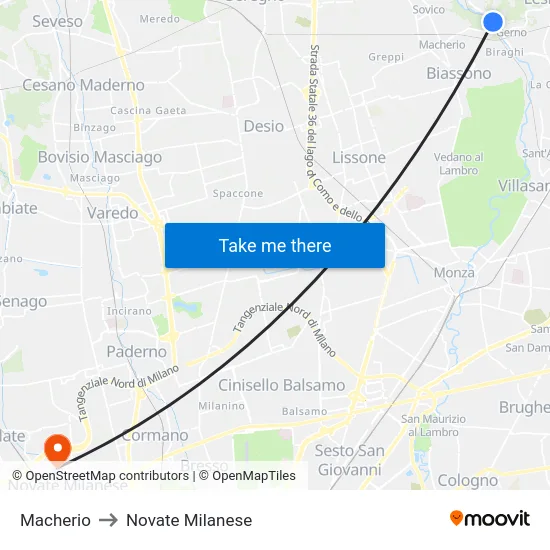 Macherio to Novate Milanese map
