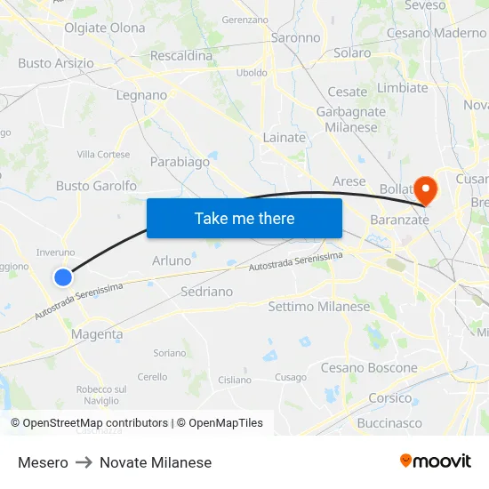Mesero to Novate Milanese map