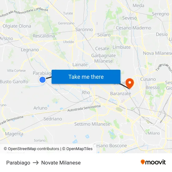 Parabiago to Novate Milanese map
