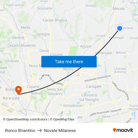 Ronco Briantino to Novate Milanese map