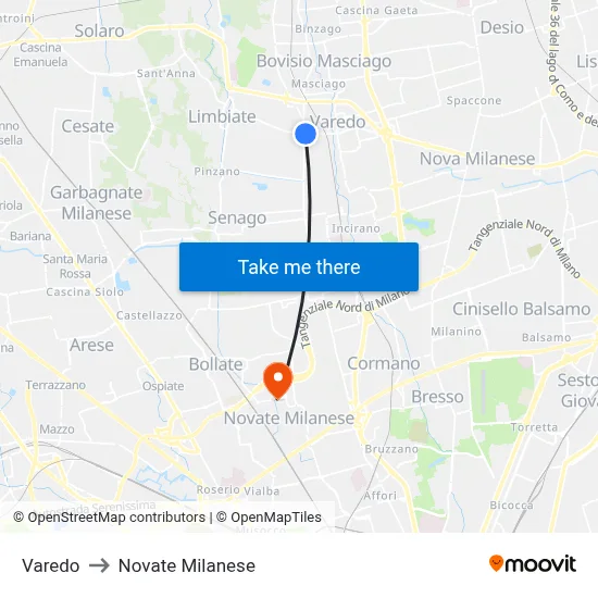 Varedo to Novate Milanese map
