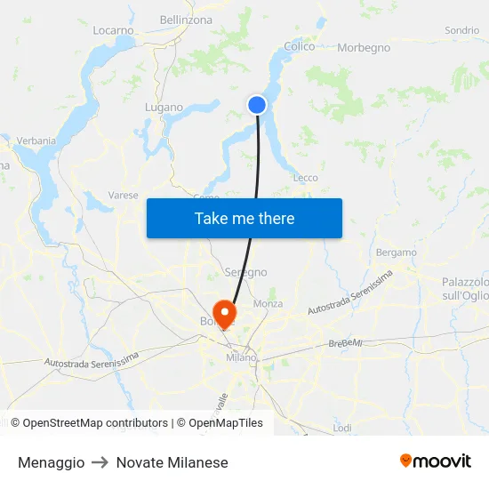 Menaggio to Novate Milanese map