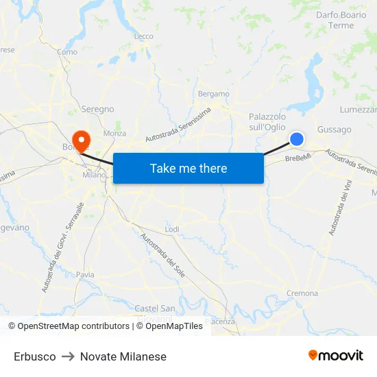 Erbusco to Novate Milanese map