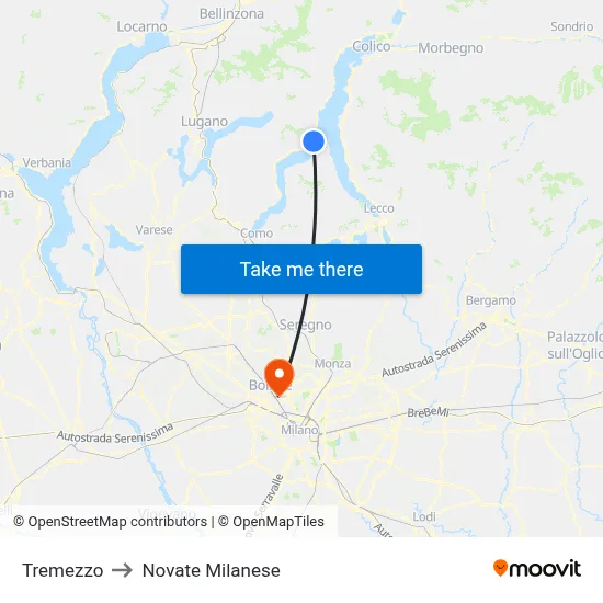 Tremezzo to Novate Milanese map