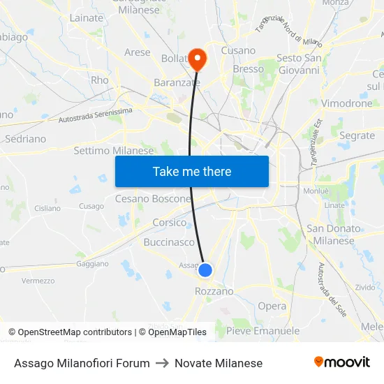 Assago Milanofiori Forum to Novate Milanese map