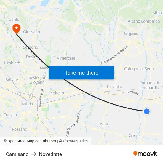 Camisano to Novedrate map