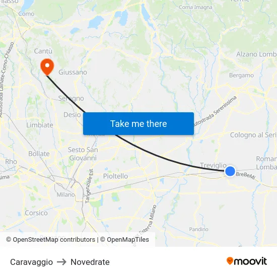Caravaggio to Novedrate map