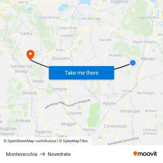 Montevecchia to Novedrate map
