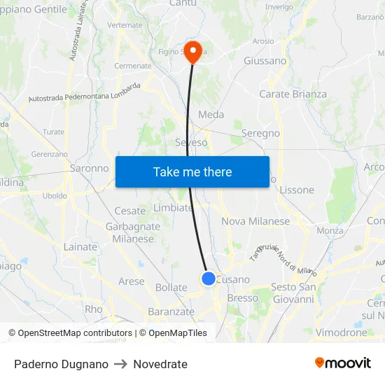 Paderno Dugnano to Novedrate map