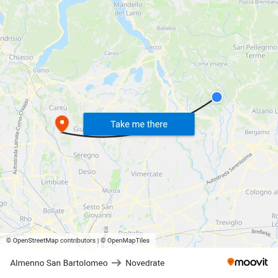 Almenno San Bartolomeo to Novedrate map