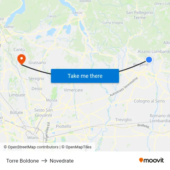 Torre Boldone to Novedrate map