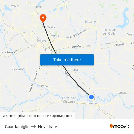 Guardamiglio to Novedrate map
