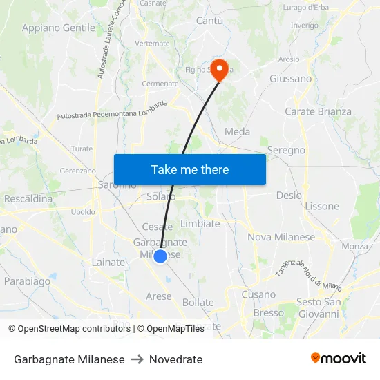 Garbagnate Milanese to Novedrate map