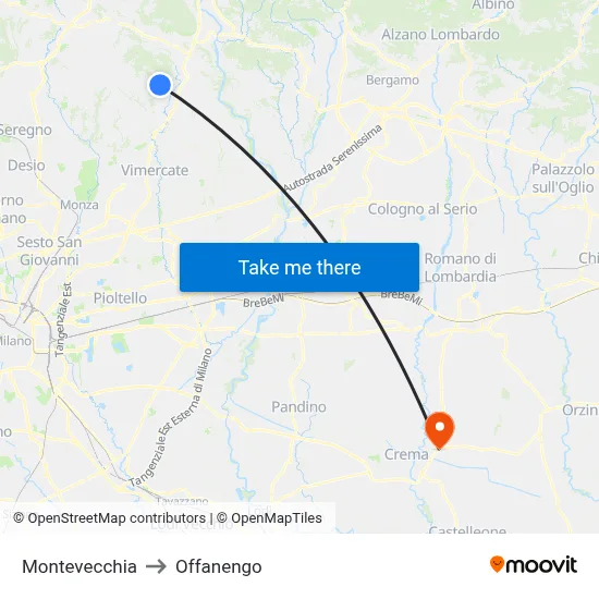 Montevecchia to Offanengo map