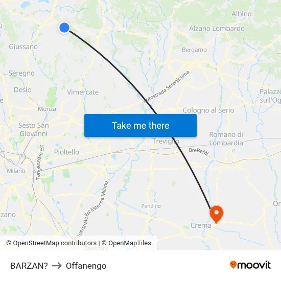 Barzan to Offanengo map