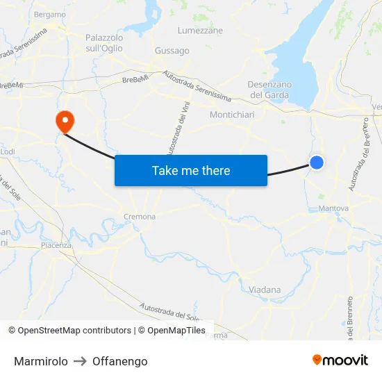 Marmirolo to Offanengo map