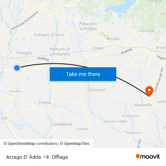 Arzago d'Adda to Offlaga map
