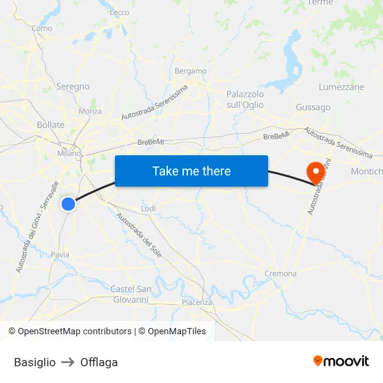Basiglio to Offlaga map