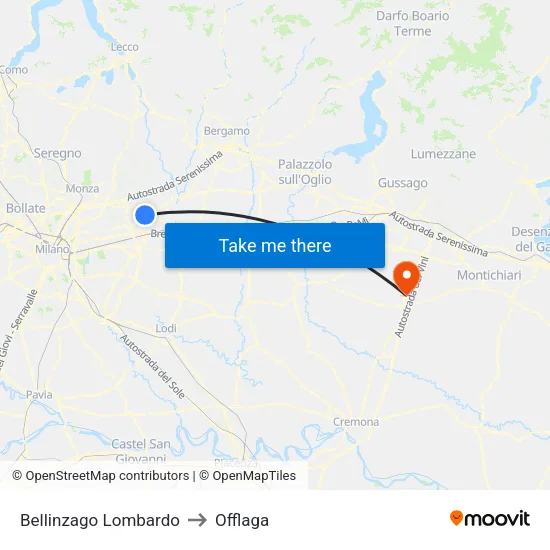 Bellinzago Lombardo to Offlaga map