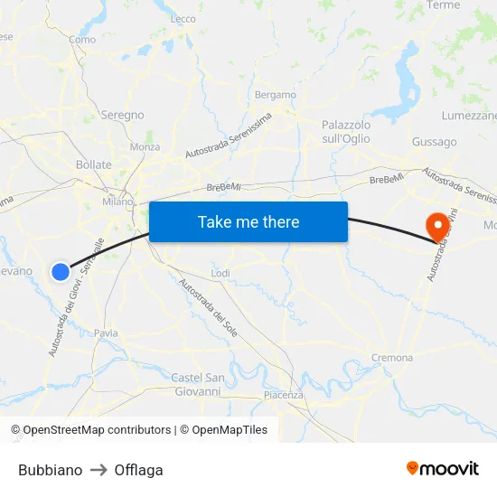 Bubbiano to Offlaga map