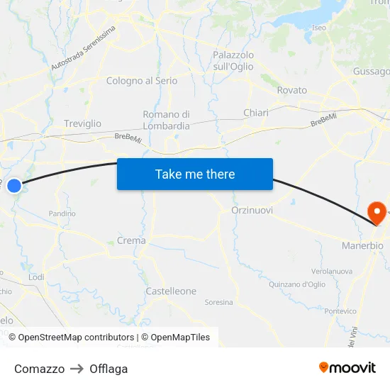 Comazzo to Offlaga map