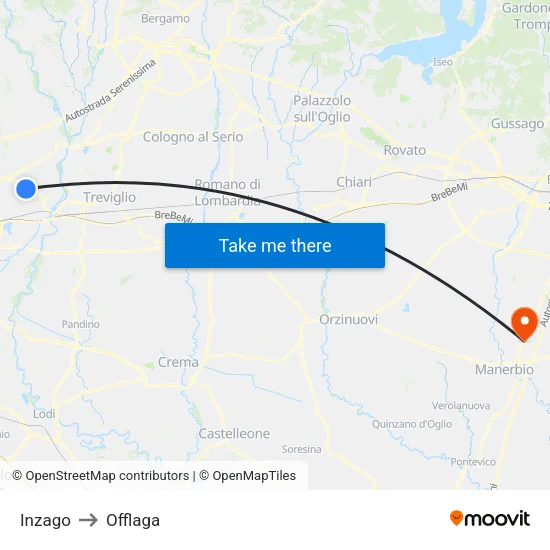 Inzago to Offlaga map