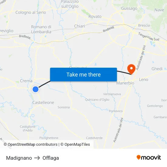 Madignano to Offlaga map