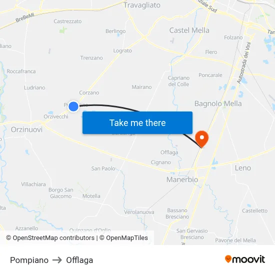 Pompiano to Offlaga map