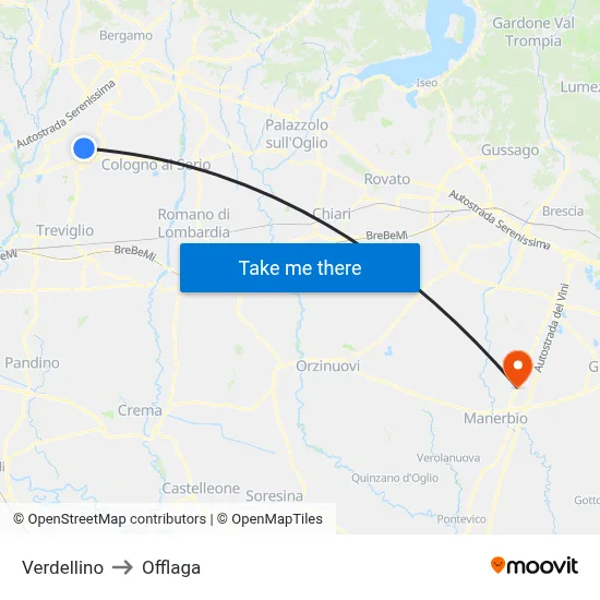 Verdellino to Offlaga map