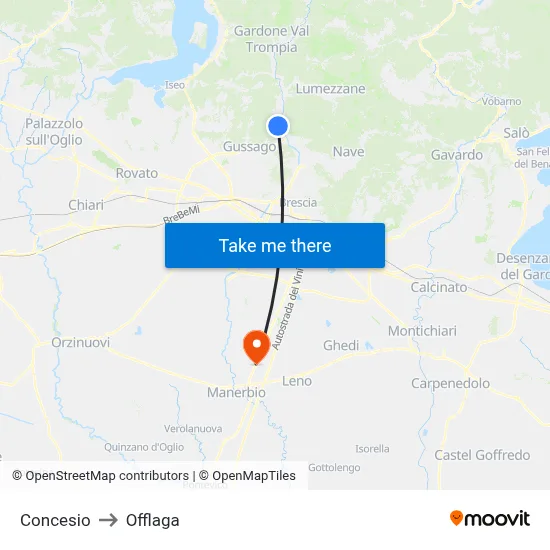 Concesio to Offlaga map