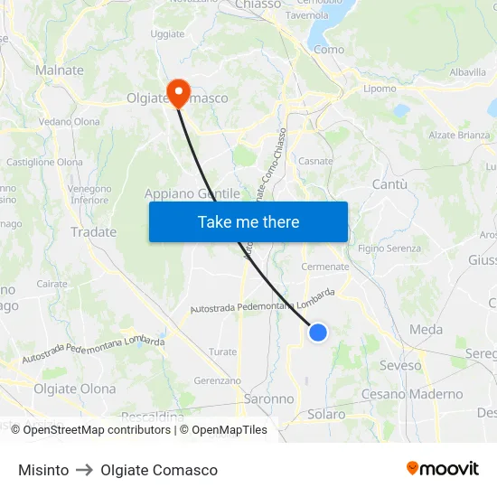 Misinto to Olgiate Comasco map