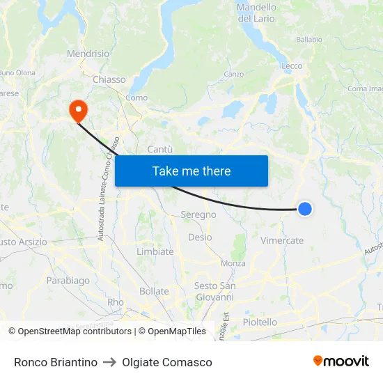 Ronco Briantino to Olgiate Comasco map