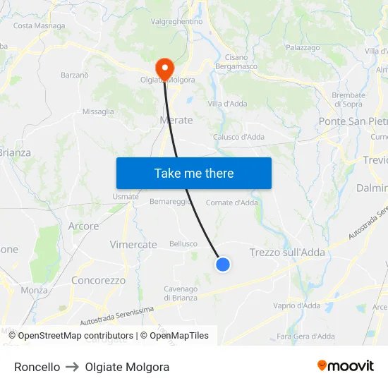 Roncello to Olgiate Molgora map