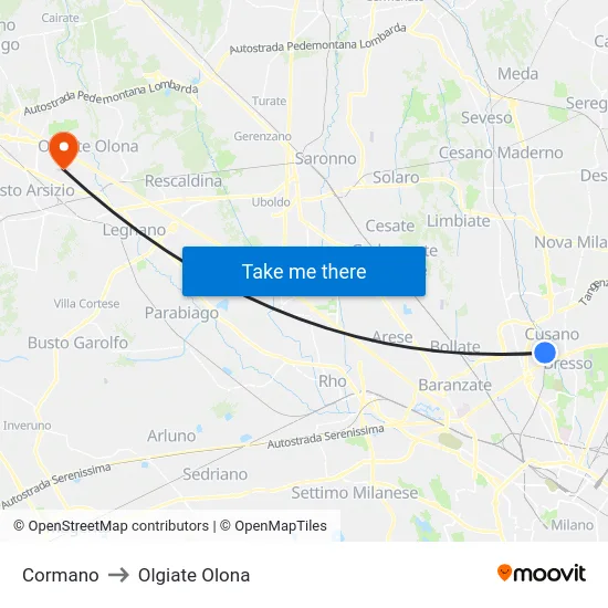 Cormano to Olgiate Olona map