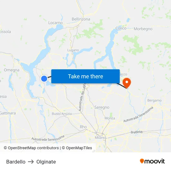 Bardello to Olginate map