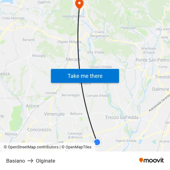Basiano to Olginate map