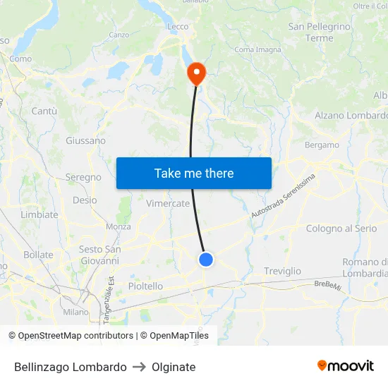 Bellinzago Lombardo to Olginate map